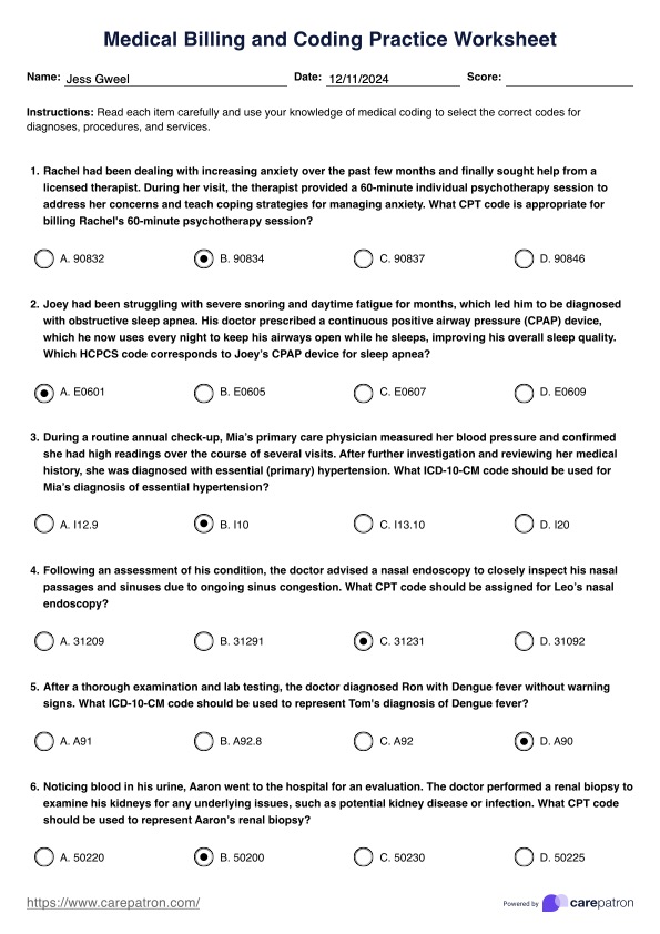 Medical Billing and Coding Practice Worksheets PDF Example