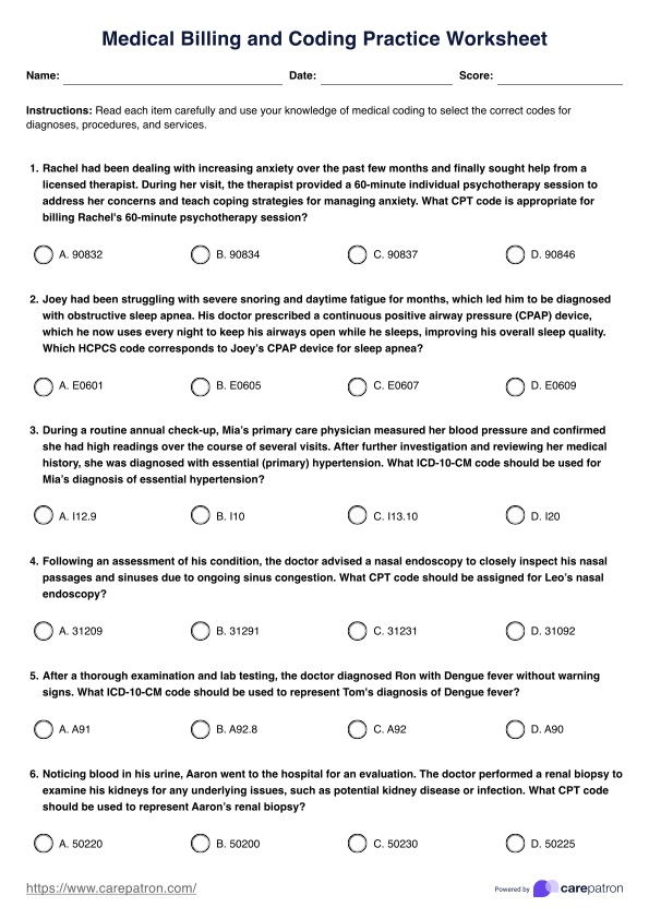 Arbeitsblätter für medizinische Abrechnungs- und Kodierungspraktiken PDF Example