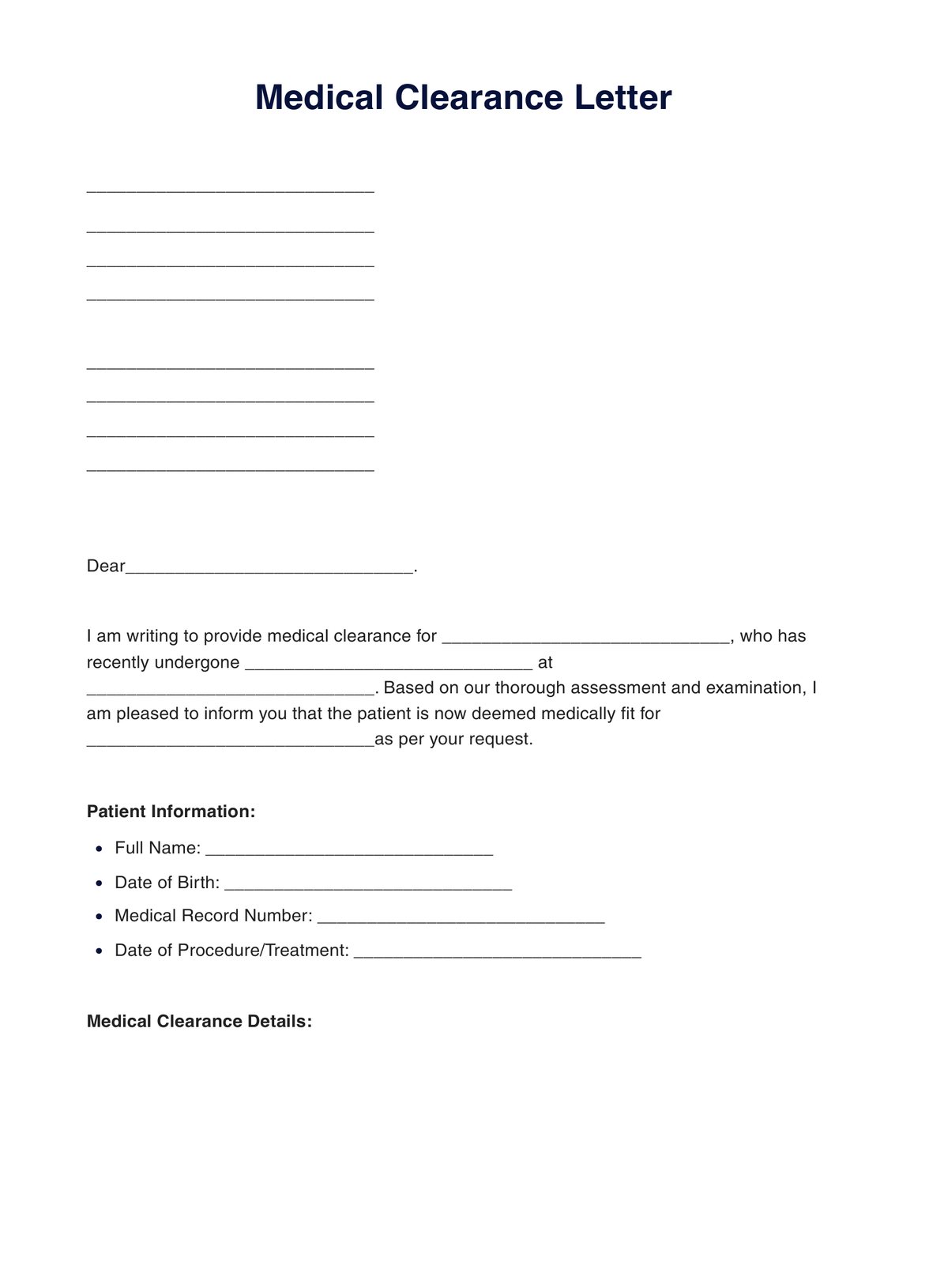 Medical Clearance Letter PDF Example
