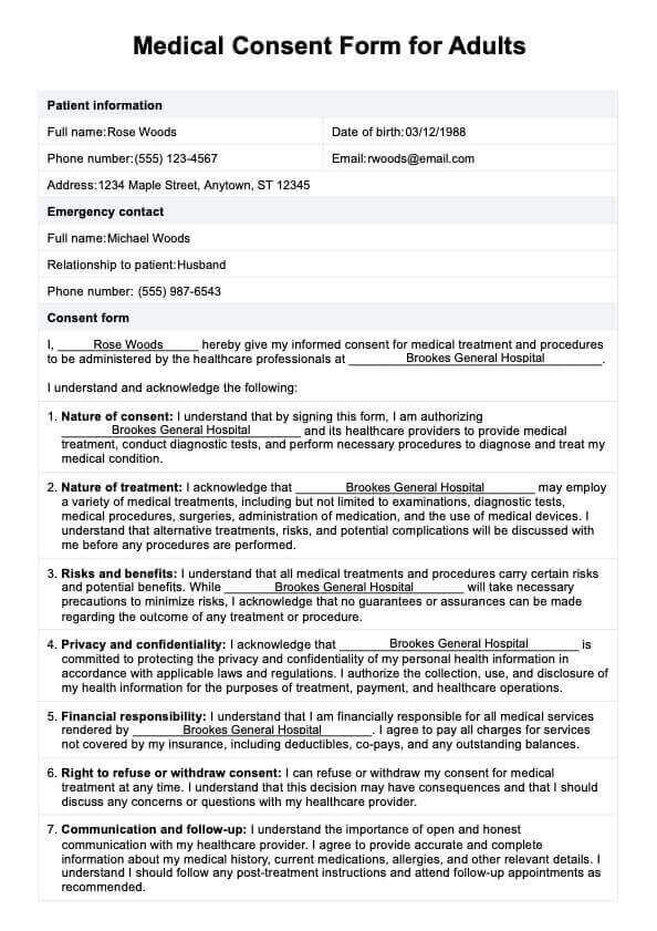 Medisinsk samtykkeskjema for voksne PDF Example