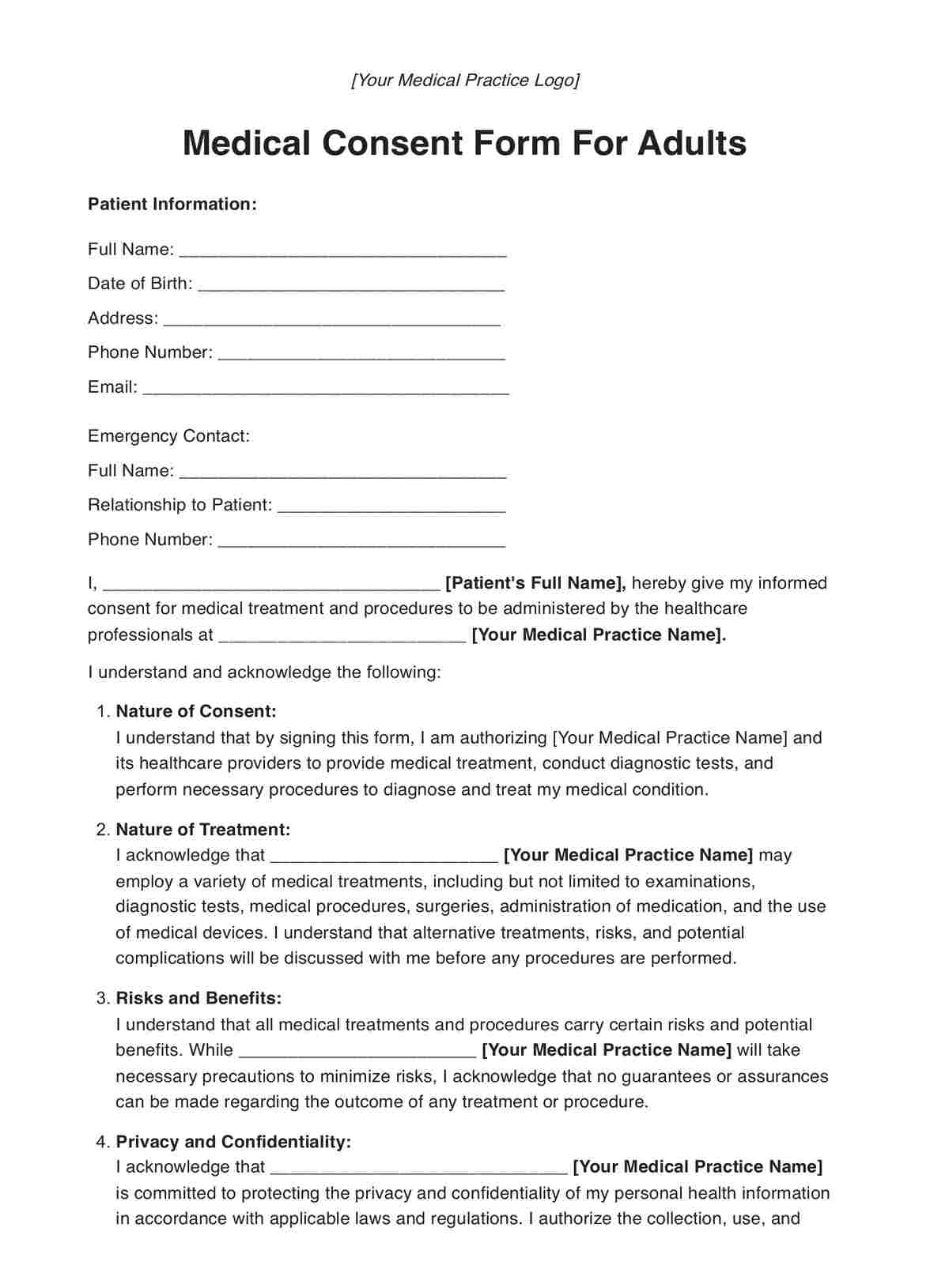 Medical Consent Form For Adults PDF Example