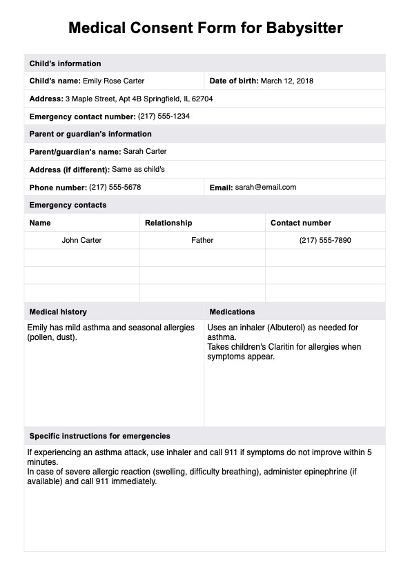 Formulario de Consentimiento médico para la niñera PDF Example