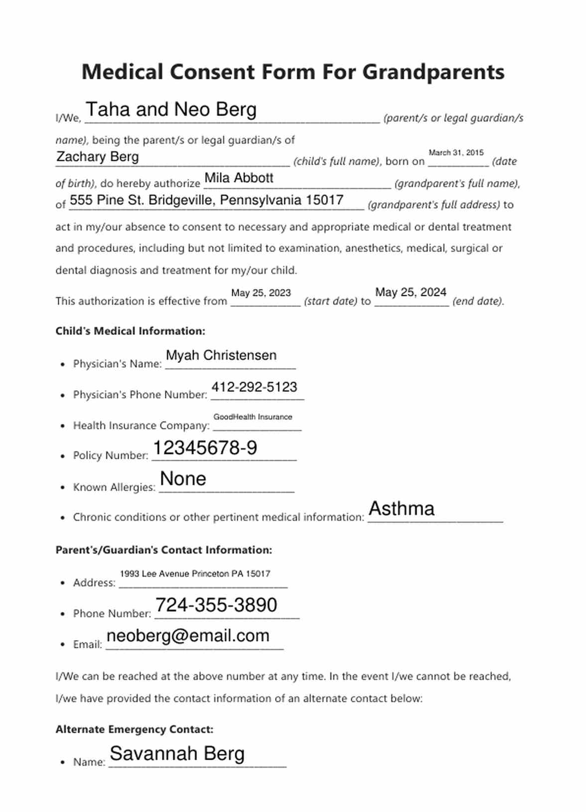 Medical Consent Form For Grandparents PDF Example