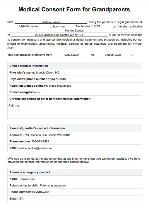 Medicinsk samtyckesformulär för morföräldrar PDF Example