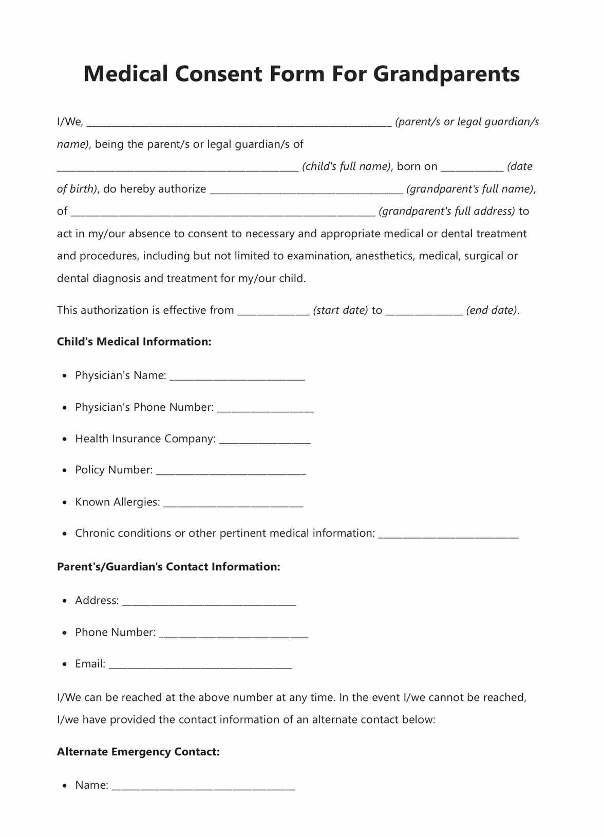 Medical Consent Form For Grandparents PDF Example
