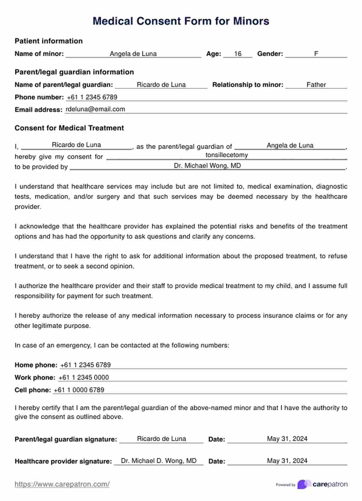 Medical Consent Form For Minor PDF Example