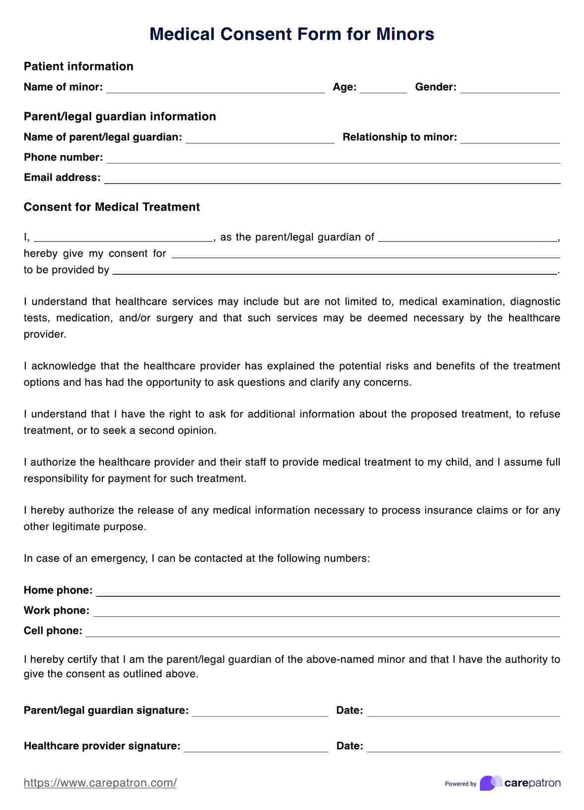 Medical Consent Form For Minor PDF Example
