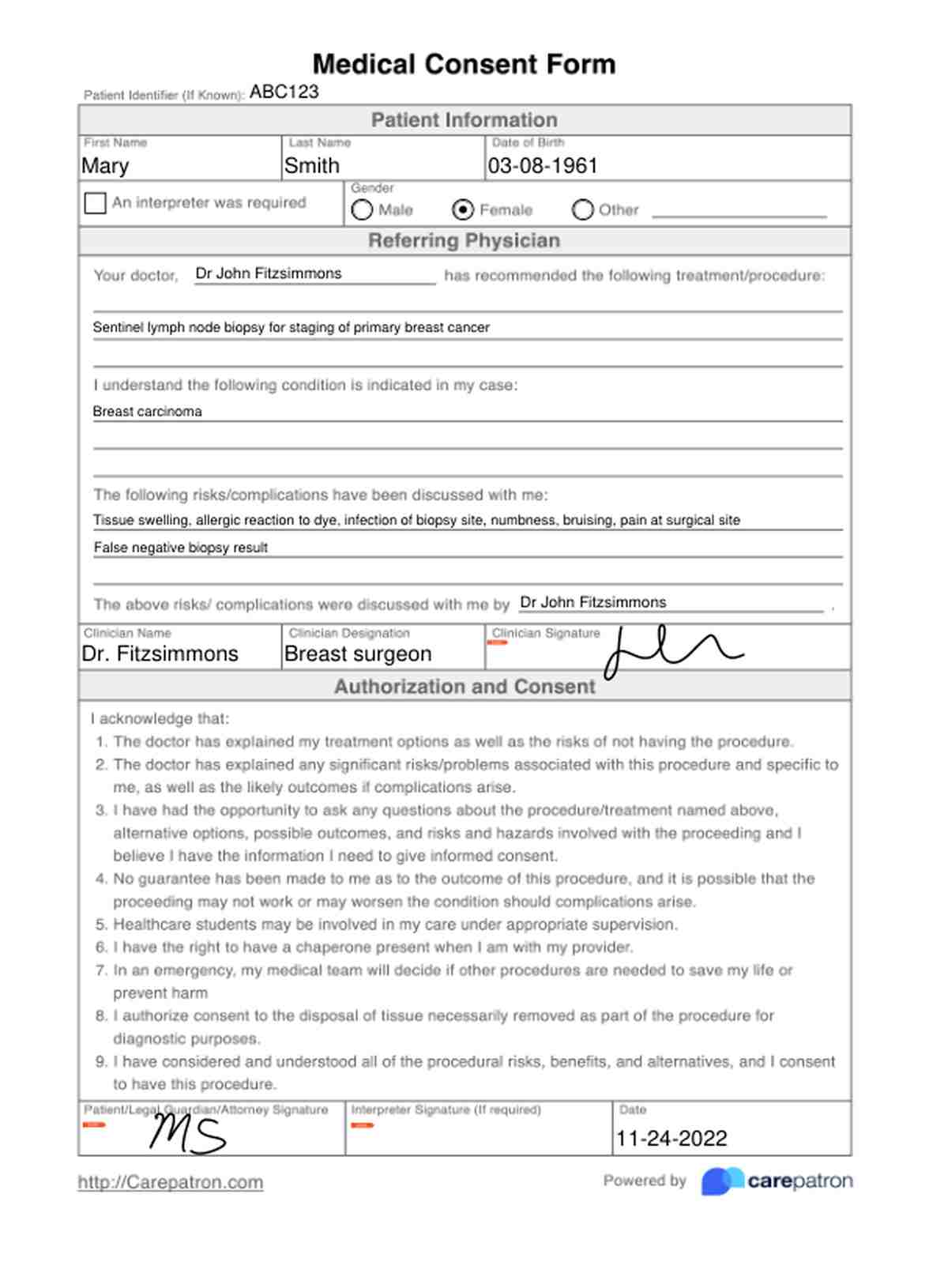 Formulario de Consentimiento médico PDF Example