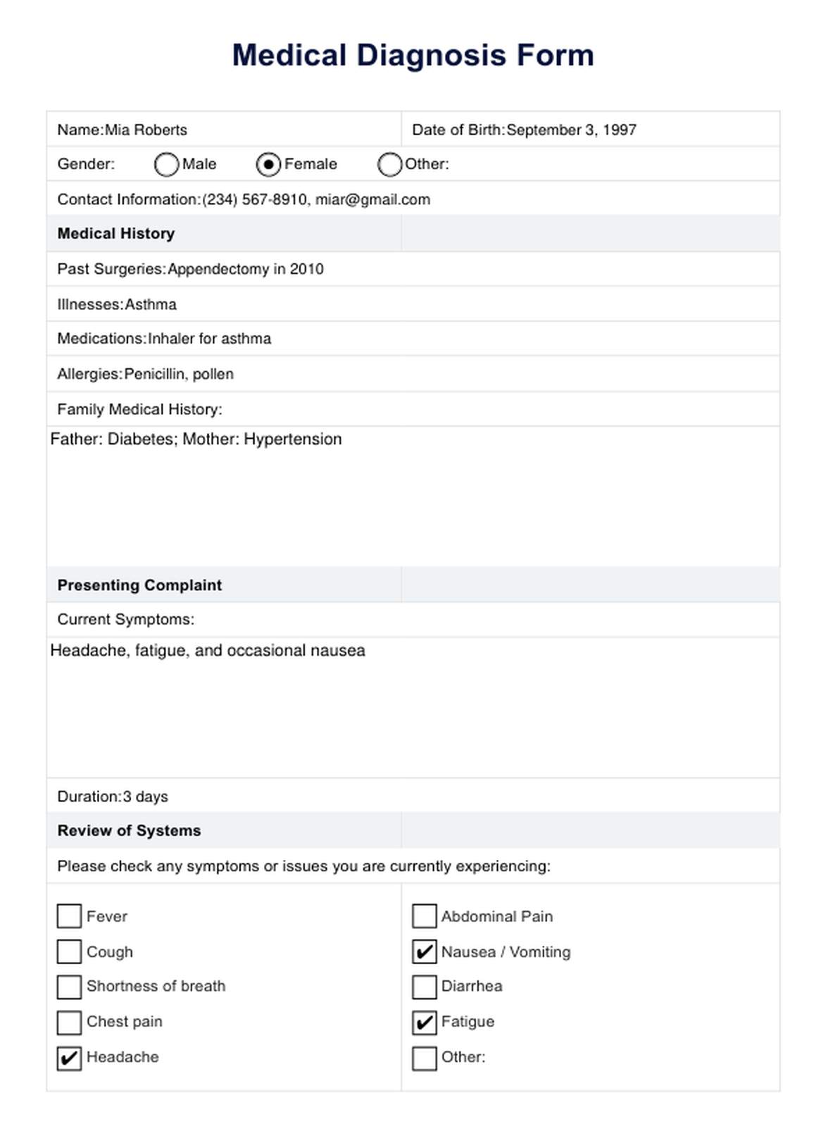 Medical Diagnosis Form PDF Example