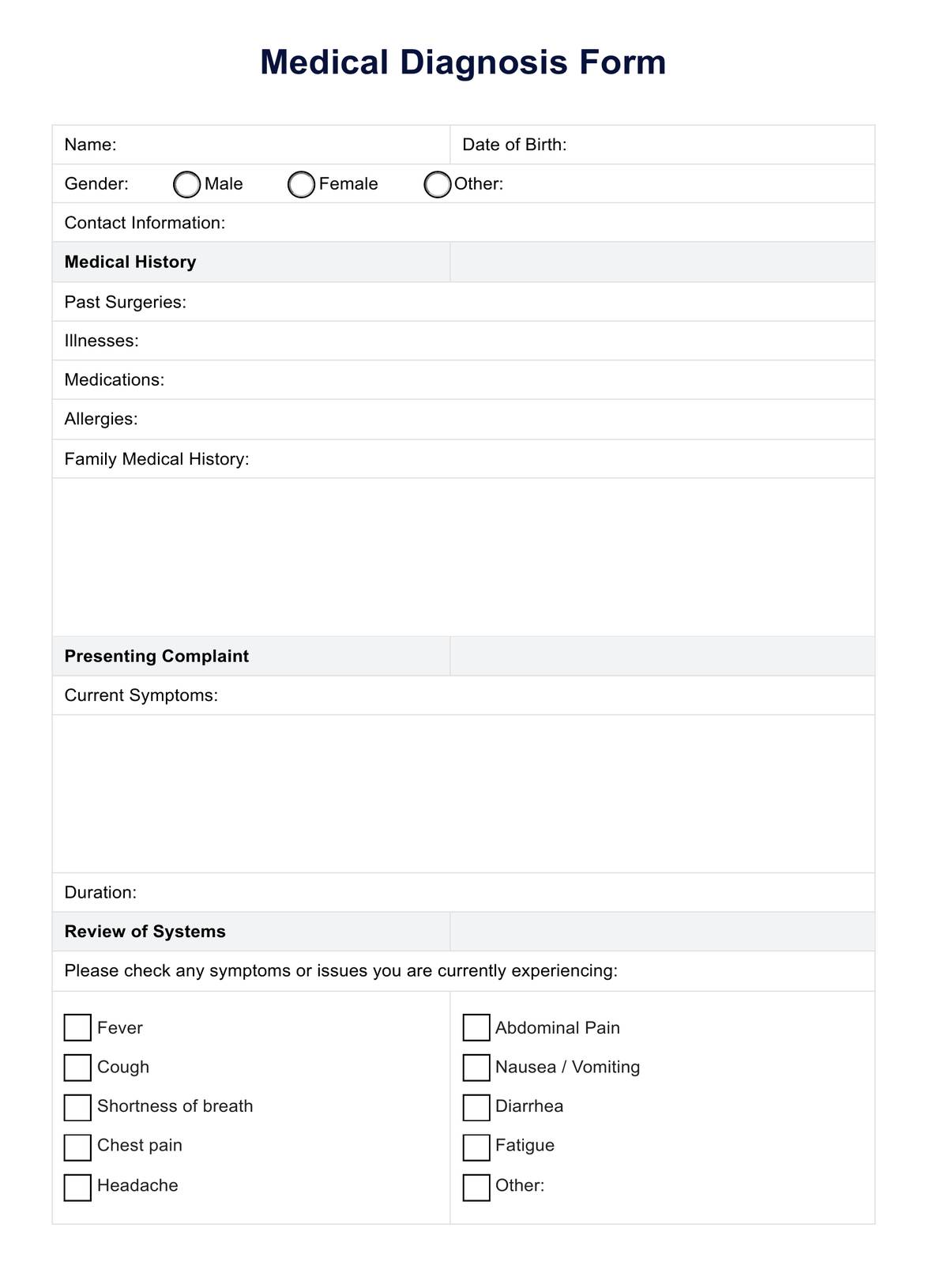 Medical Diagnosis Form PDF Example