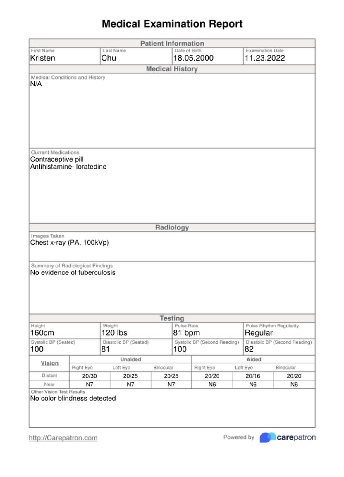 Plantilla de Examen médico PDF Example