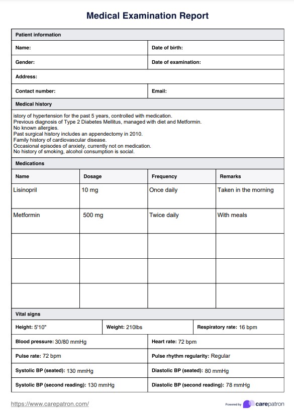 Plantilla de examen médico PDF Example