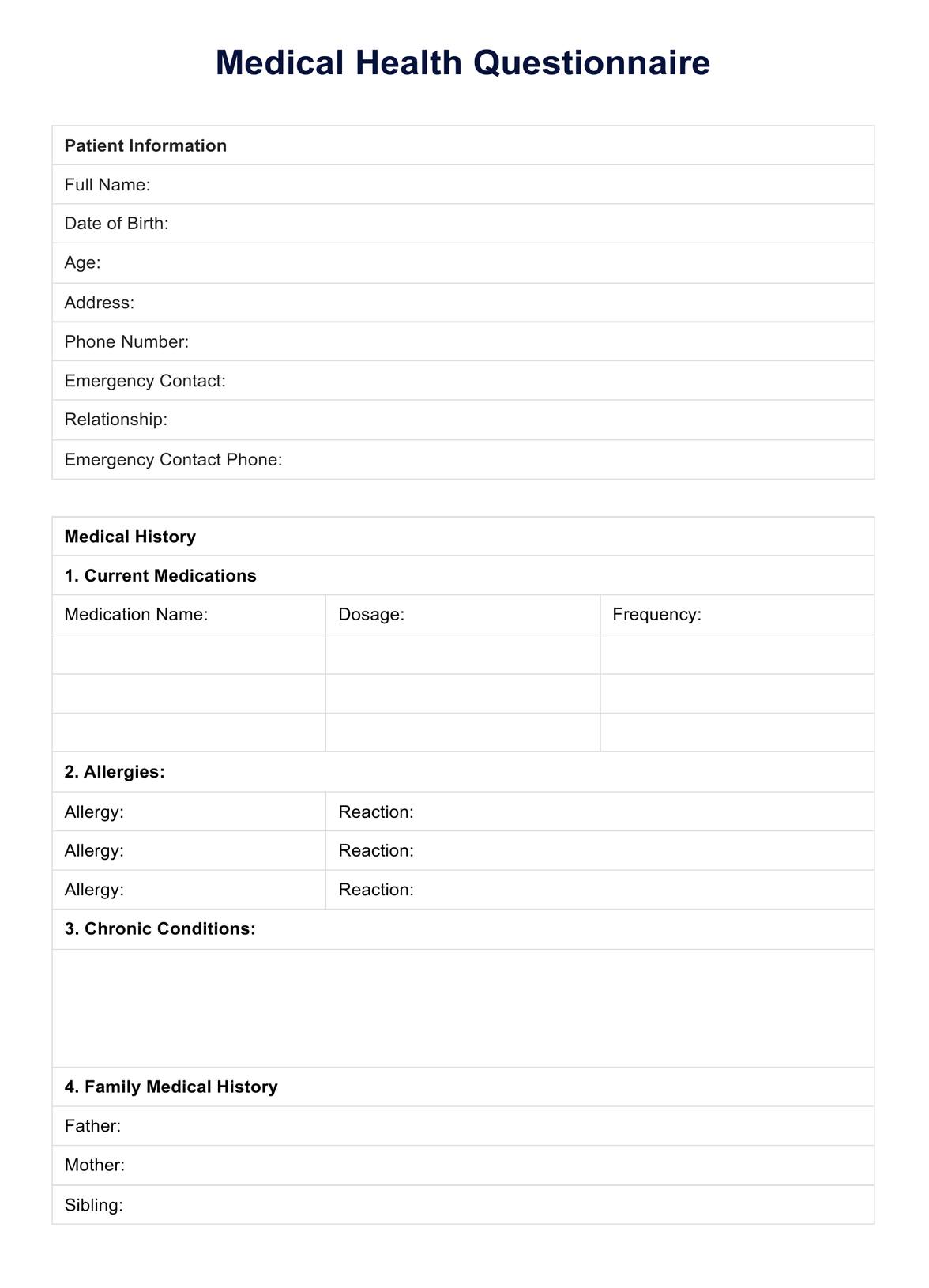 Medical Health Questionnaire PDF Example