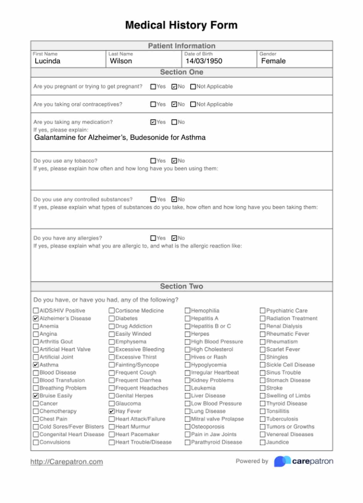 Medical History Form PDF Example