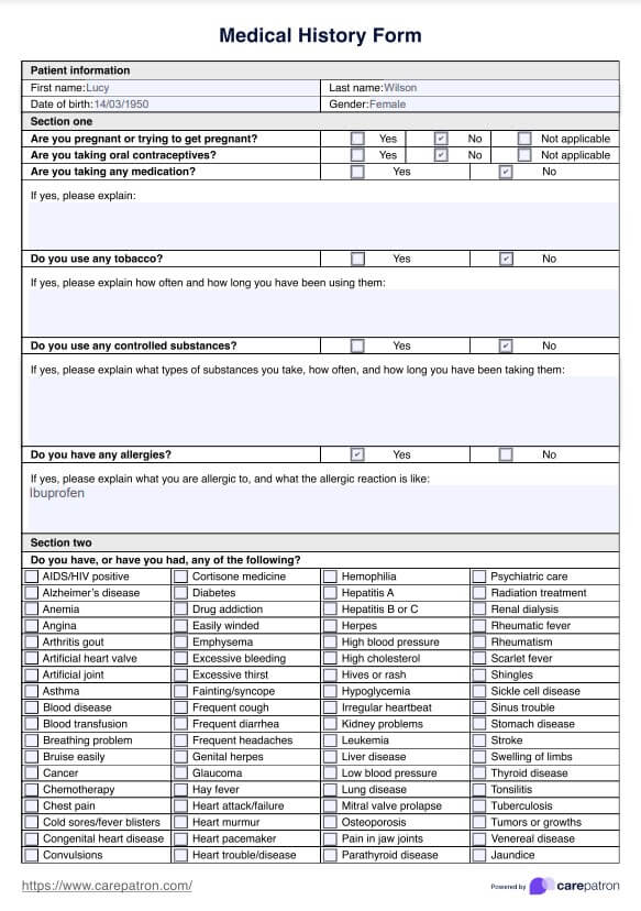 Medical History Form PDF Example