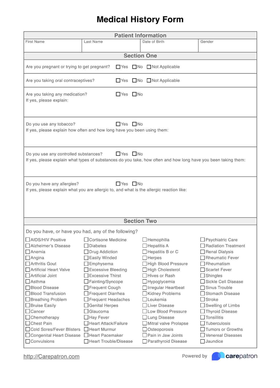 Medical History Form PDF Example