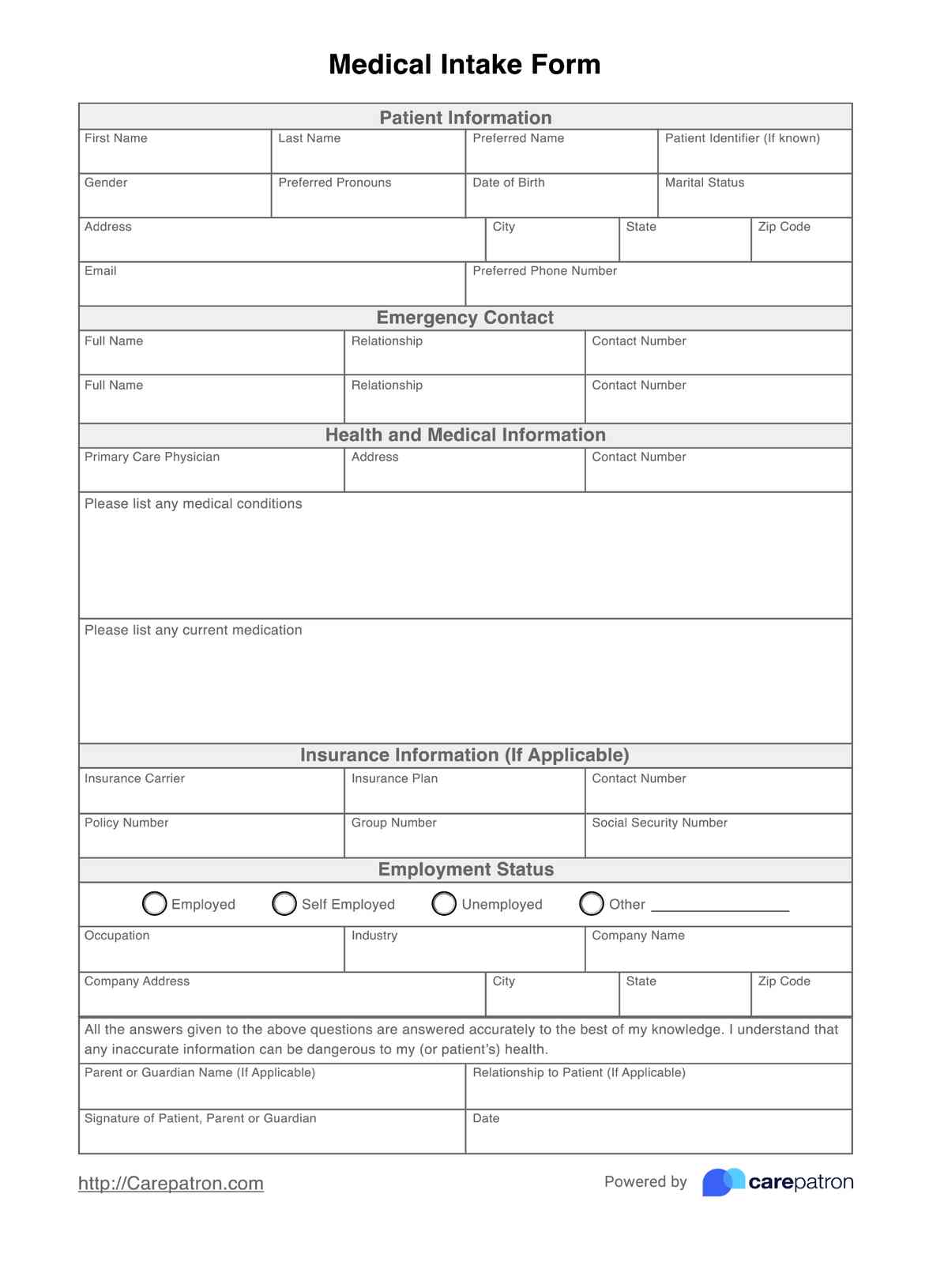 Medical Intake Form PDF Example