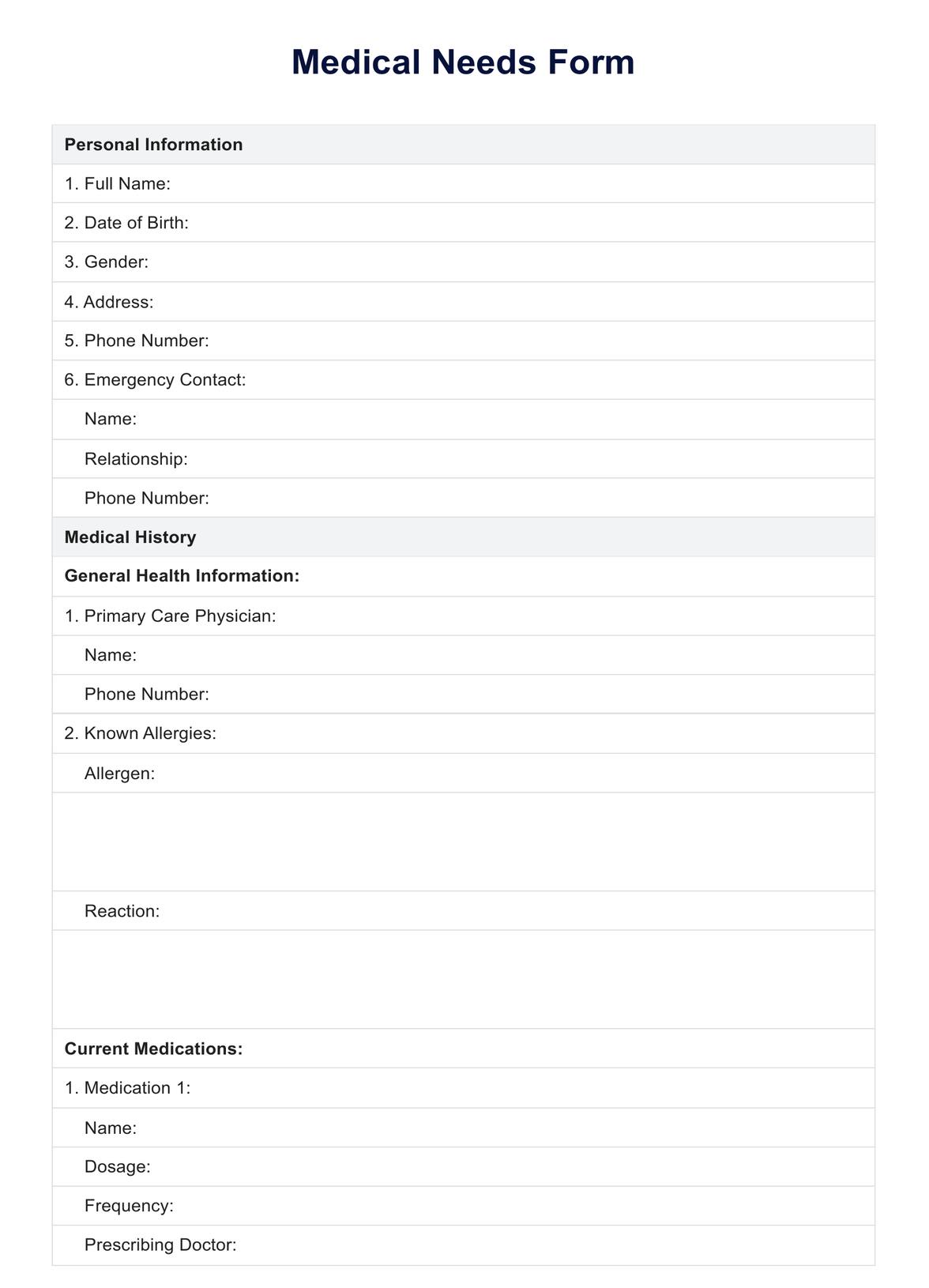 Medical Needs Form PDF Example