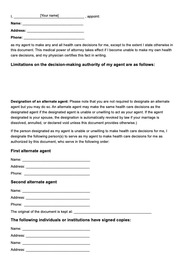 Medical Power of Attorney Form PDF Example