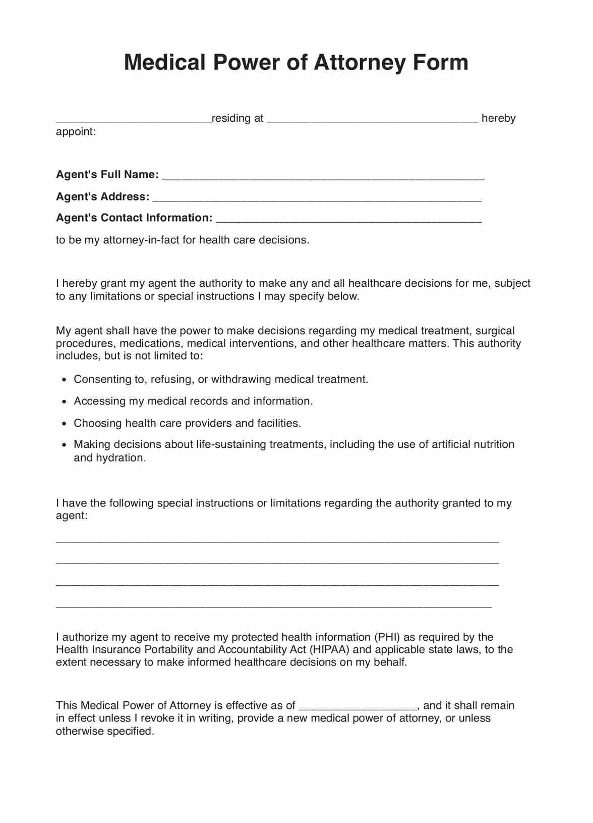Medical Power of Attorney Illinois Form PDF Example