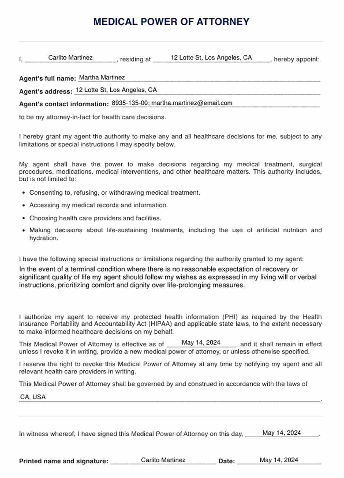 Medical Power of Attorney Form PDF Example