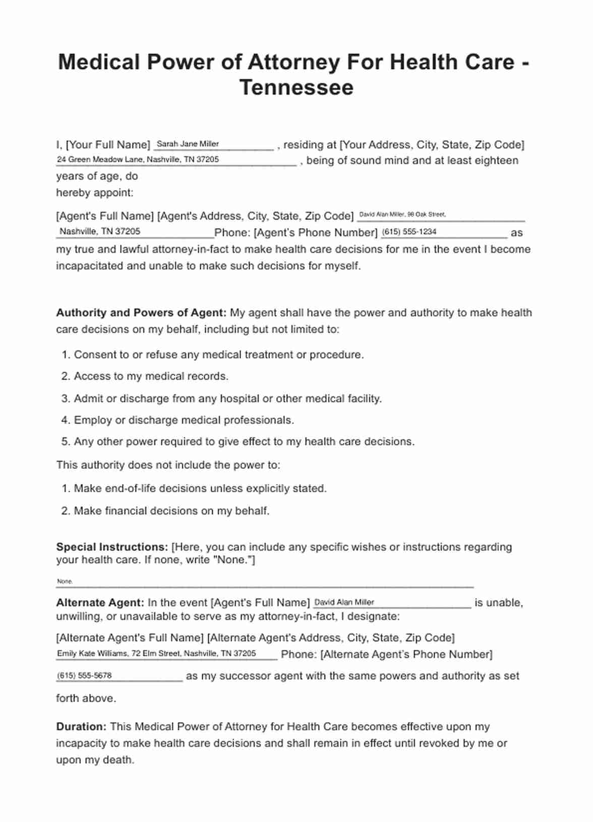 Medical Power Of Attorney Tennessee Forms PDF Example