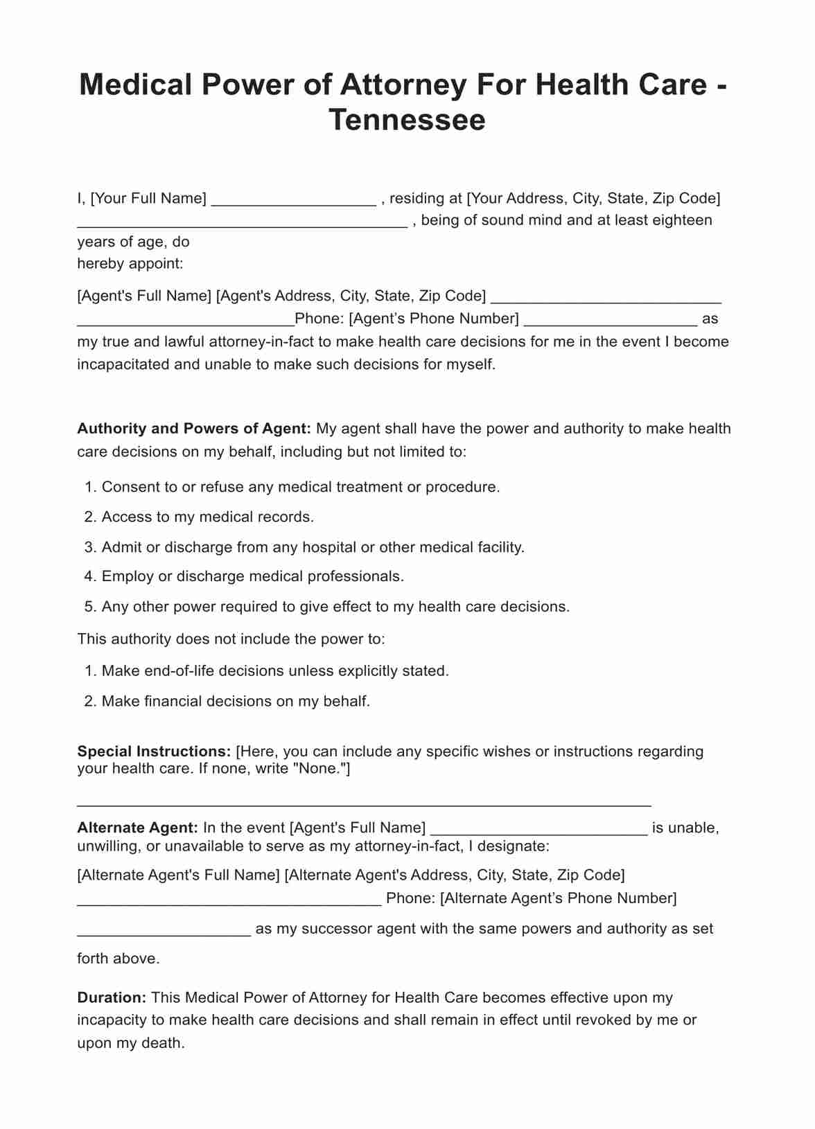 Medical Power Of Attorney Tennessee Forms PDF Example