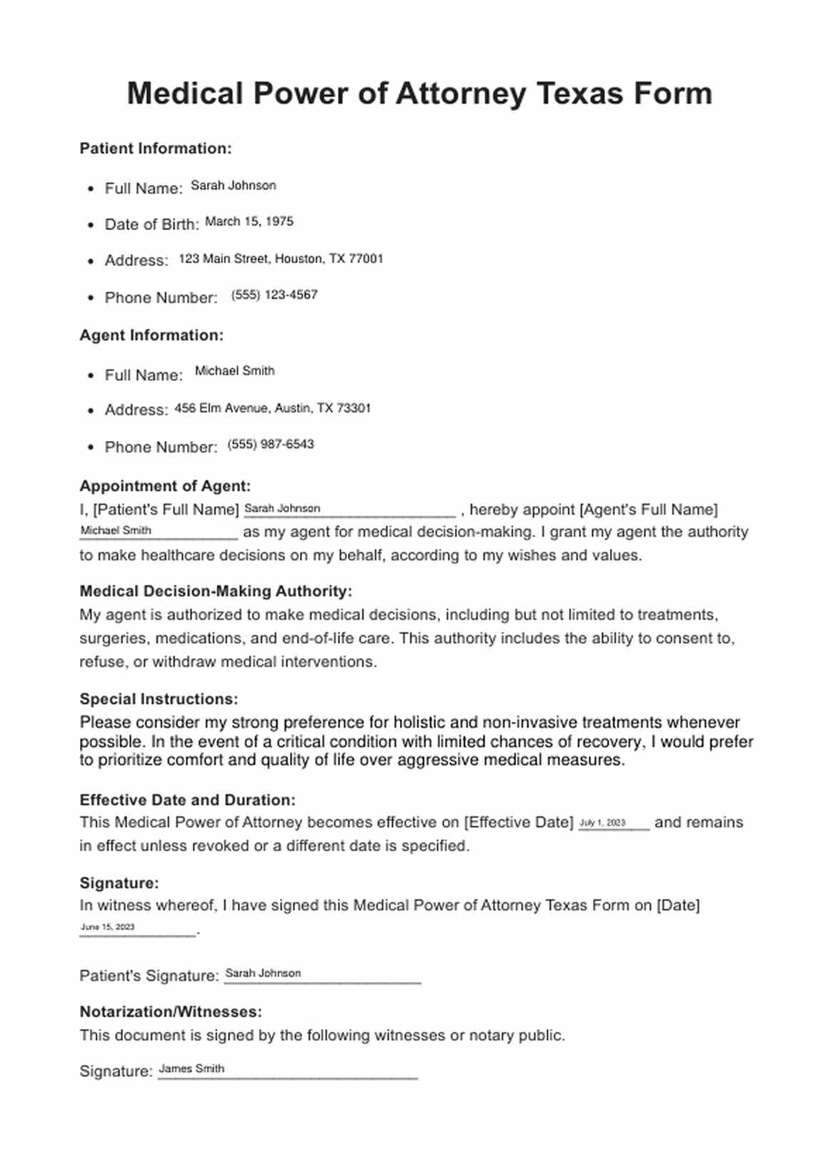 Medical Power Of Attorney Texas Form PDF Example