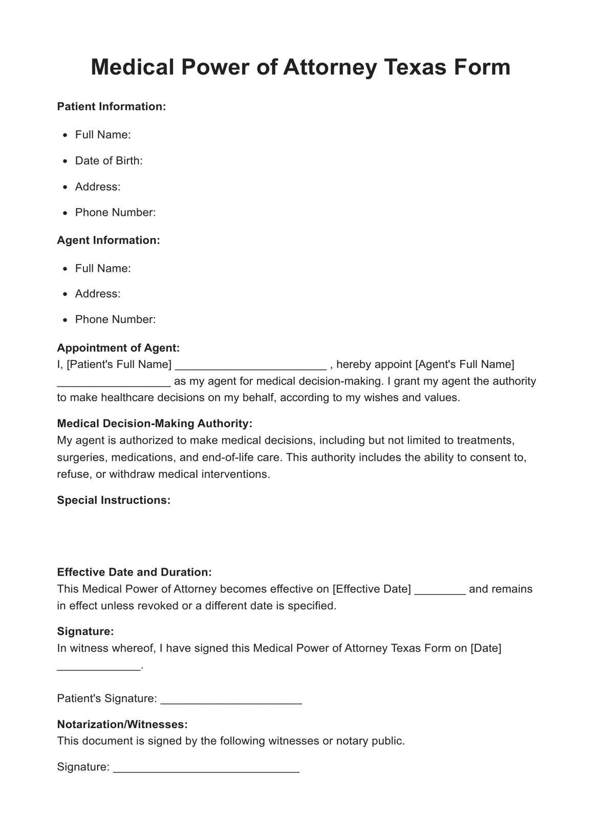 Medical Power Of Attorney Texas Form PDF Example