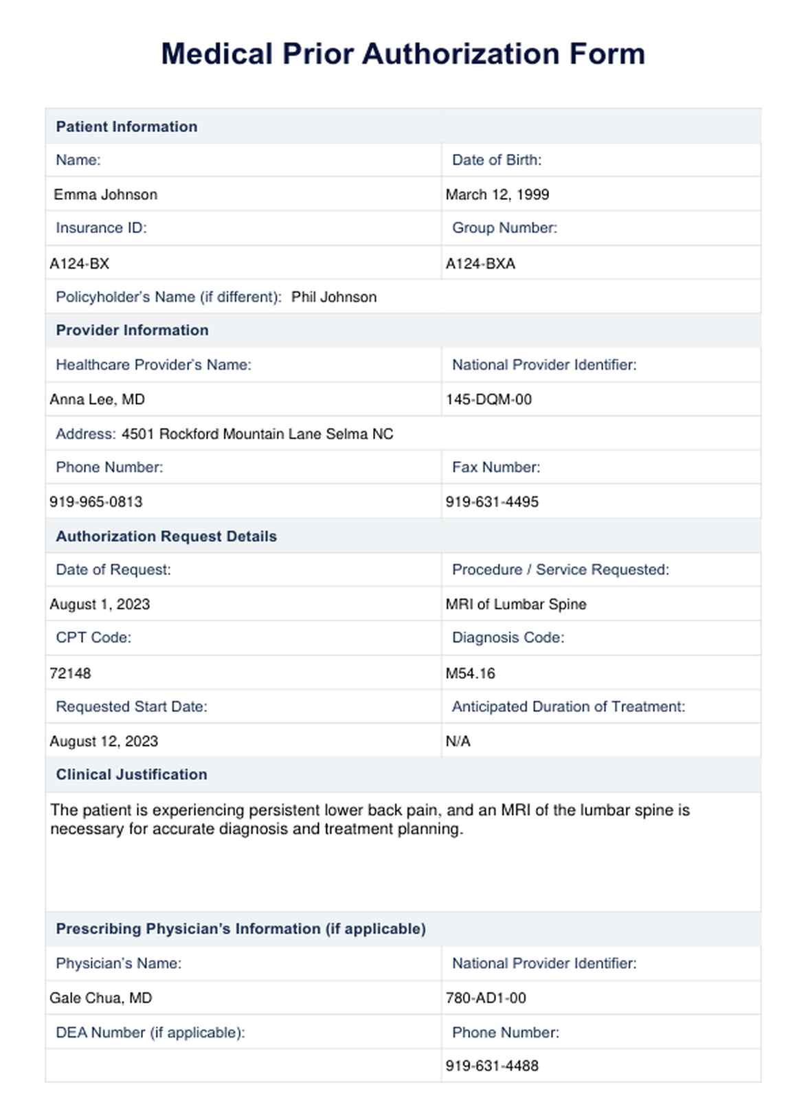 Medical Prior Authorization Form PDF Example