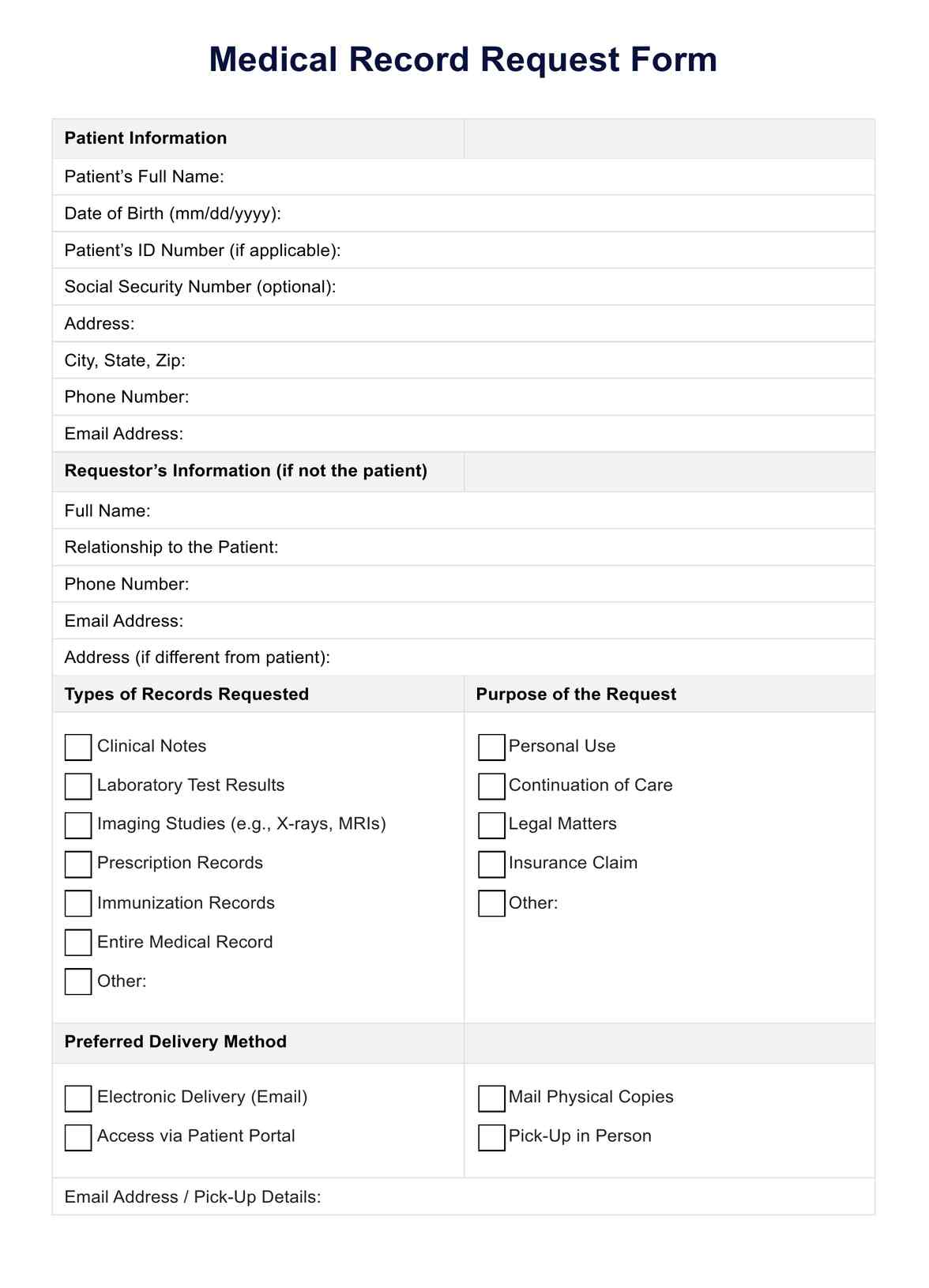 Medical Record Request Form Template PDF Example