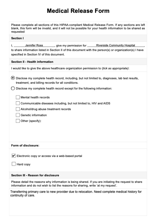 Medical Release Form PDF Example