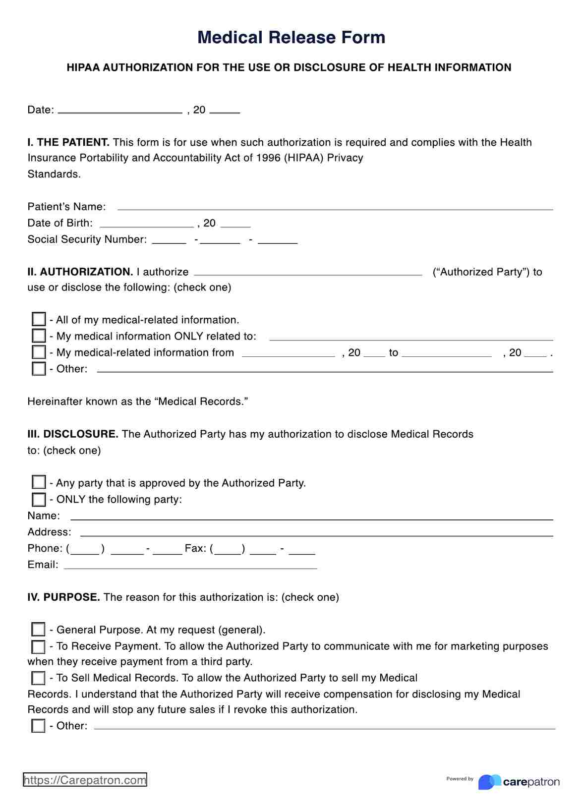 Medical Release Form PDF Example