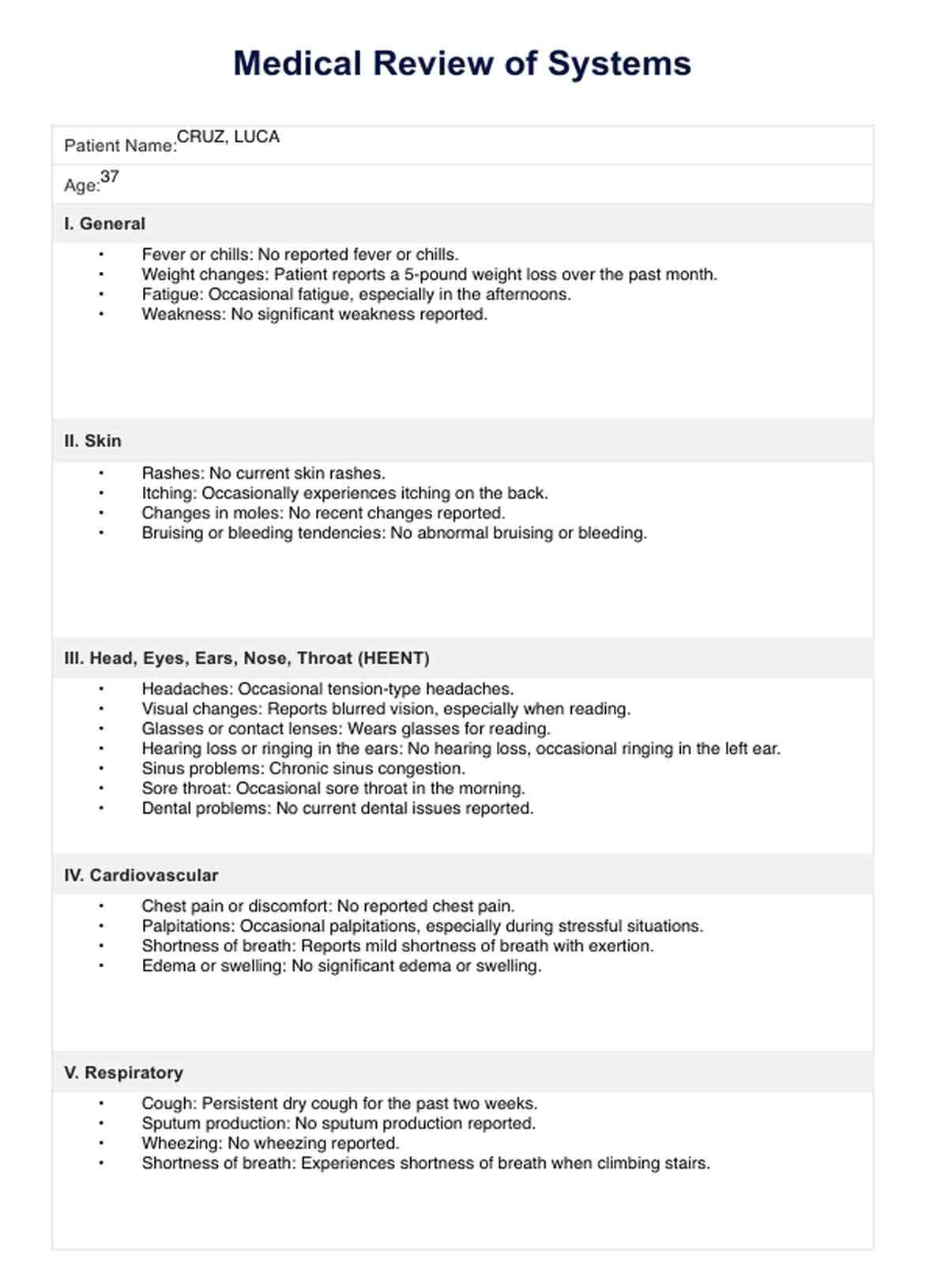 Medical Review Of Systems Template & Example | Free PDF Download