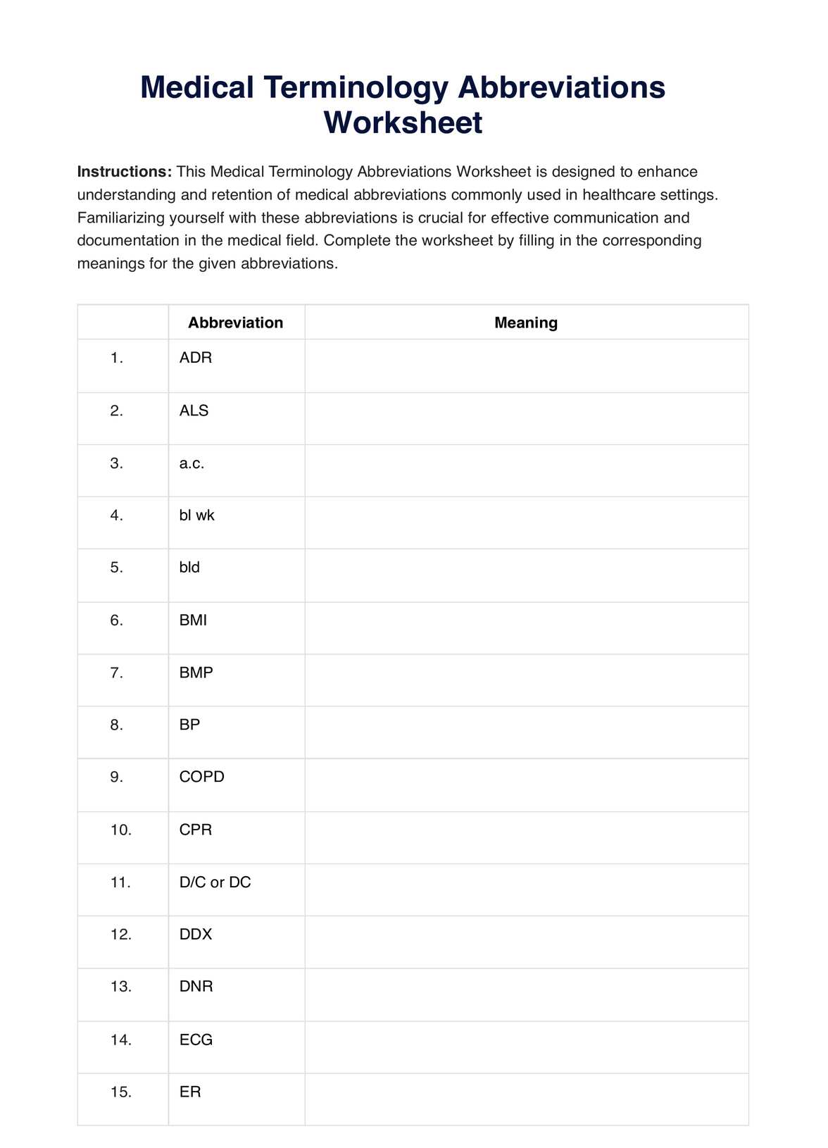 Medical Terminology Abbreviations Worksheet PDF Example