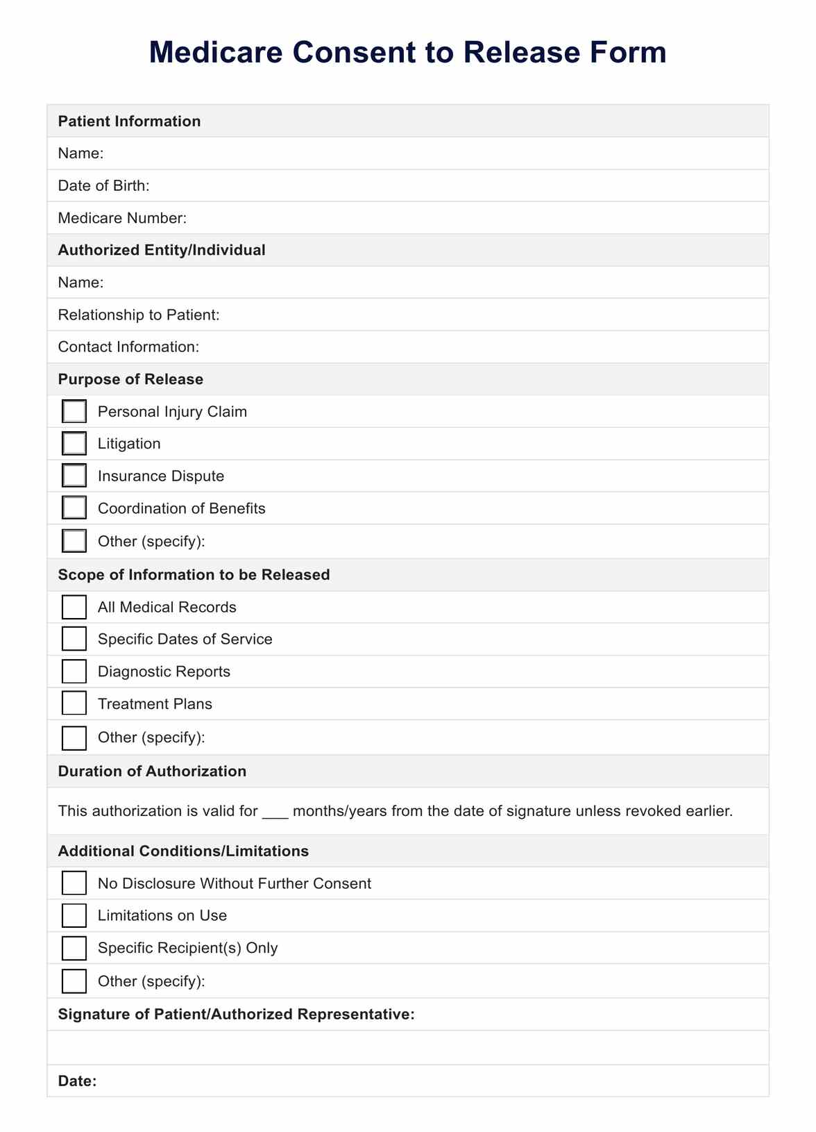 Medicare Consent to Release Form PDF Example