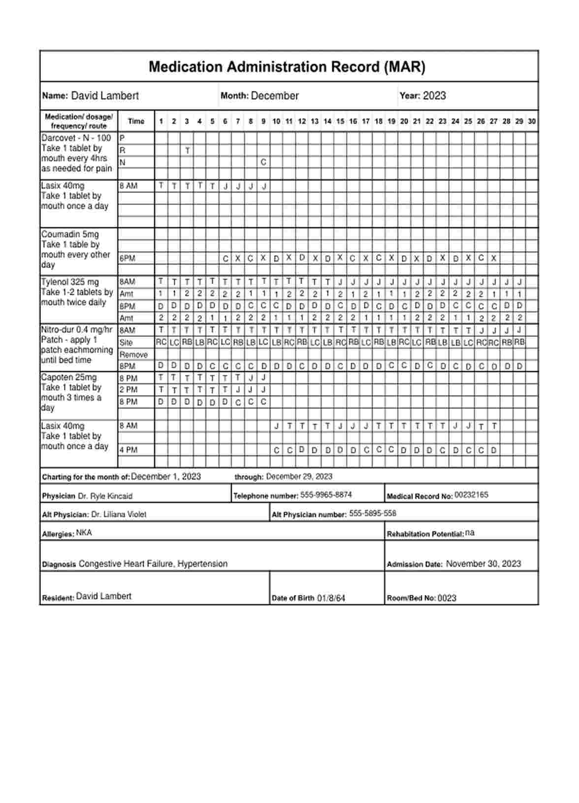 Medication Administration Record (MAR) PDF Example