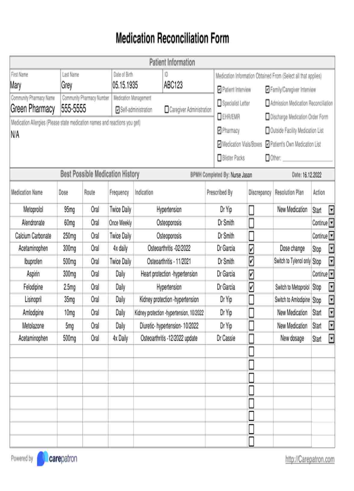 Medication Reconciliation Form PDF Example