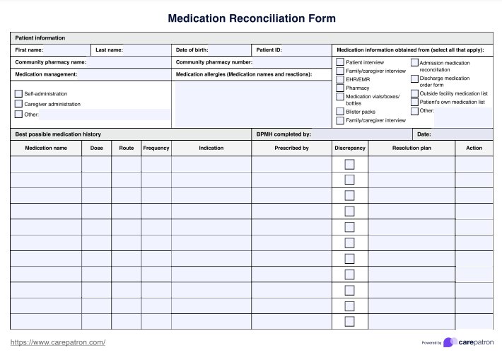 Formulario de conciliación de la medicación PDF Example