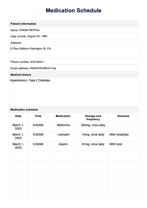 Medication Schedule Template PDF Example