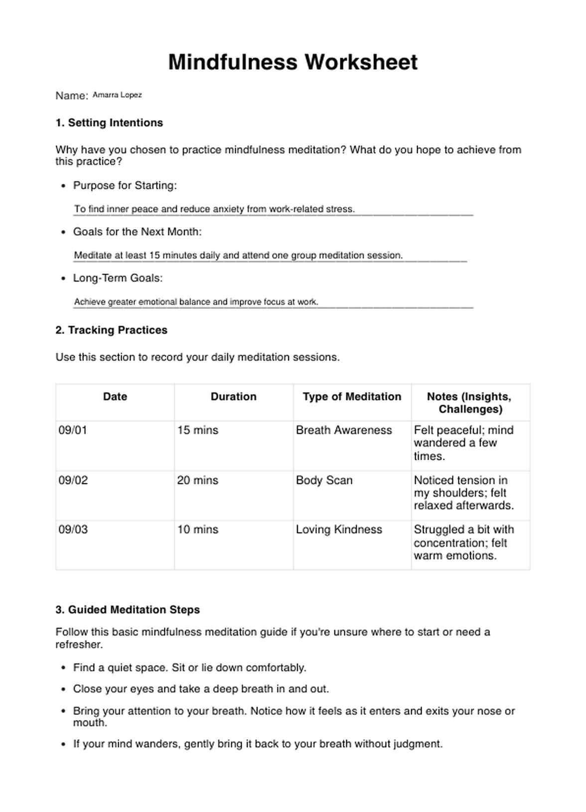 Meditation Worksheets PDF Example