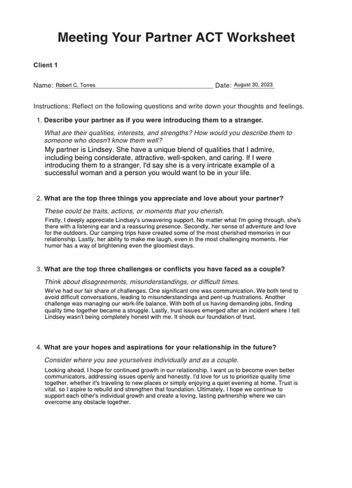 Meeting Your Partner ACT Worksheet PDF Example