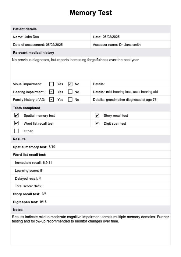 Test de memoria PDF Example