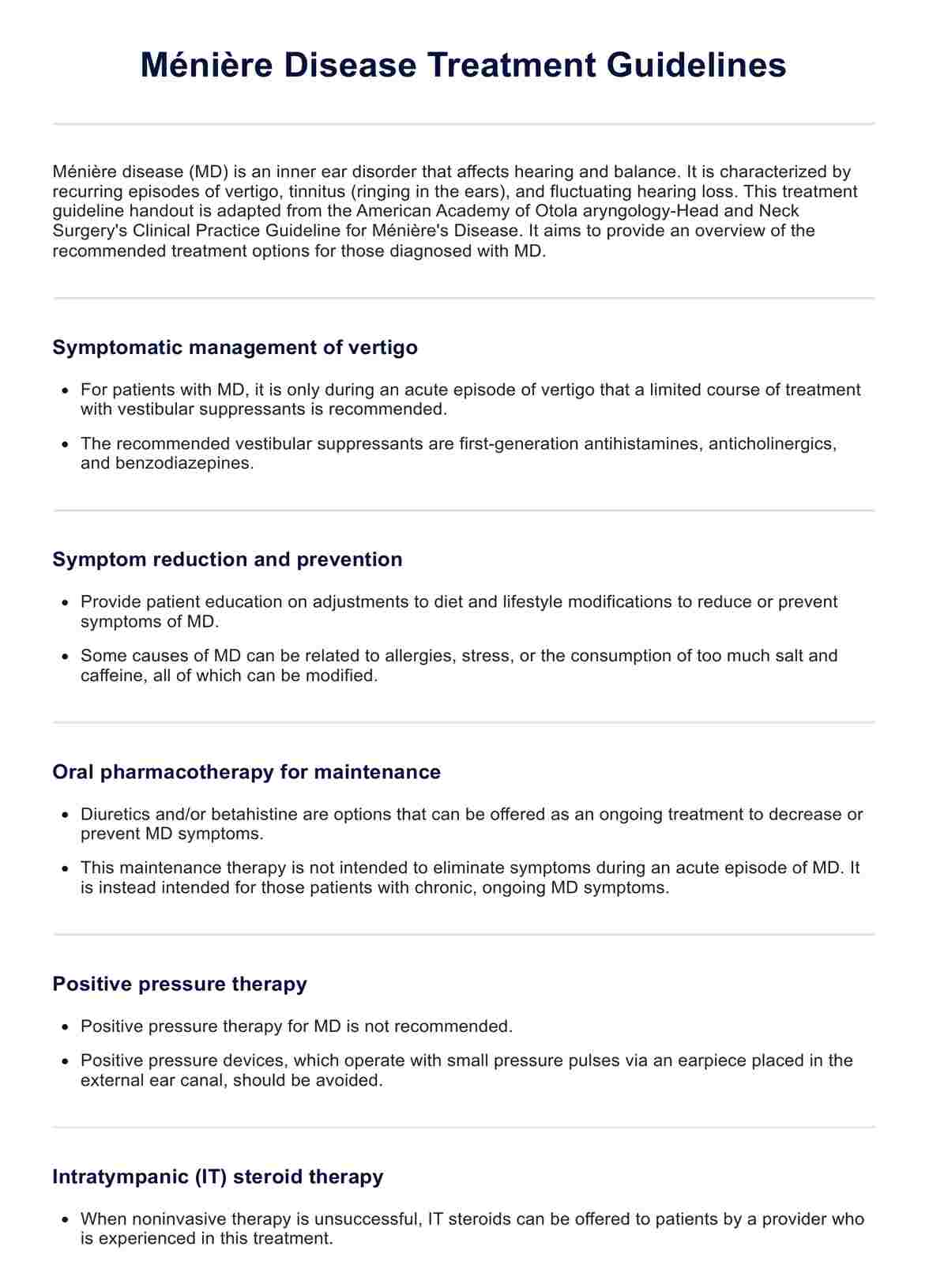 Meniere's Disease Treatment Guidelines PDF Example