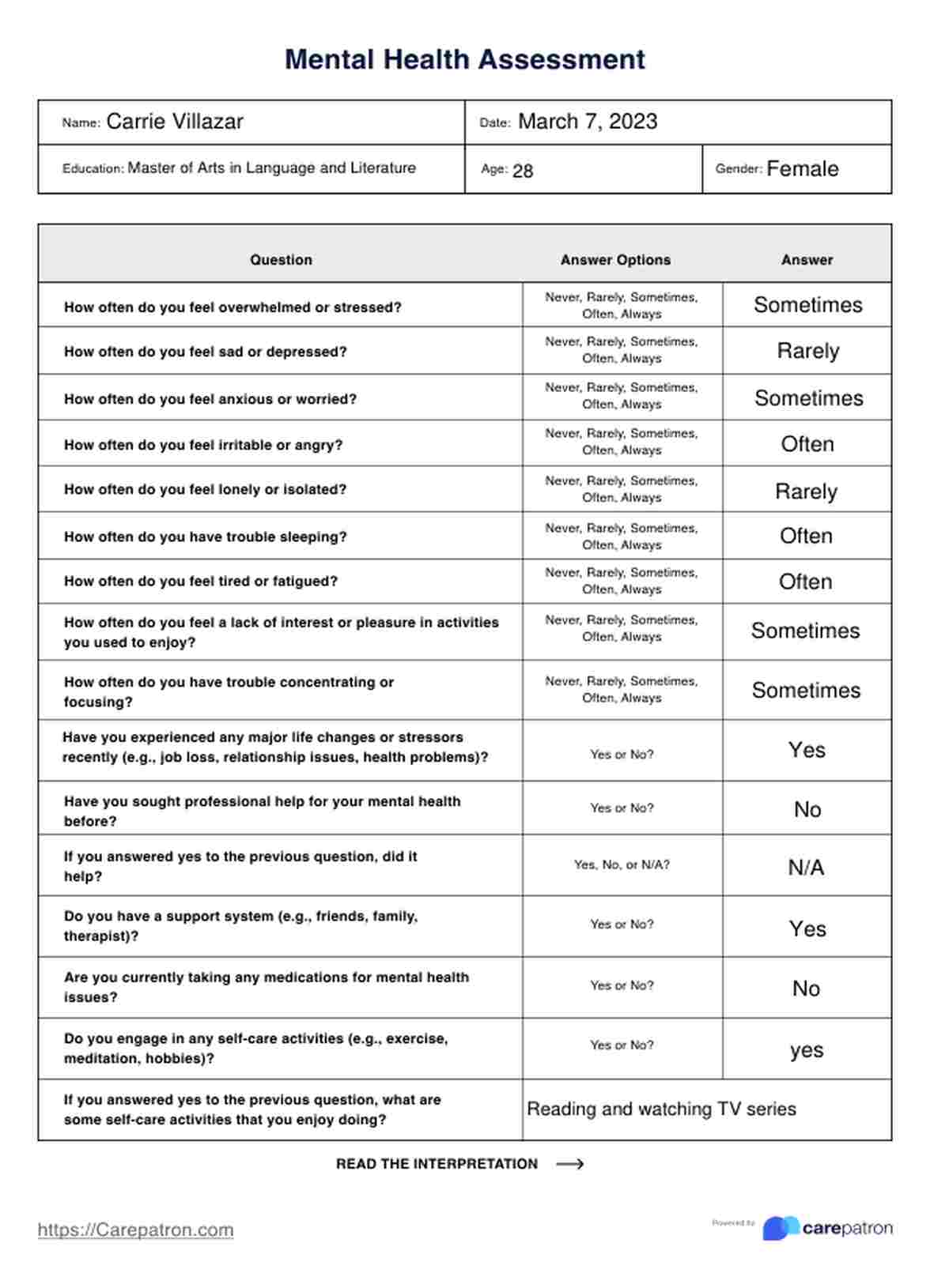 Formulario de Evaluación de salud mental PDF Example