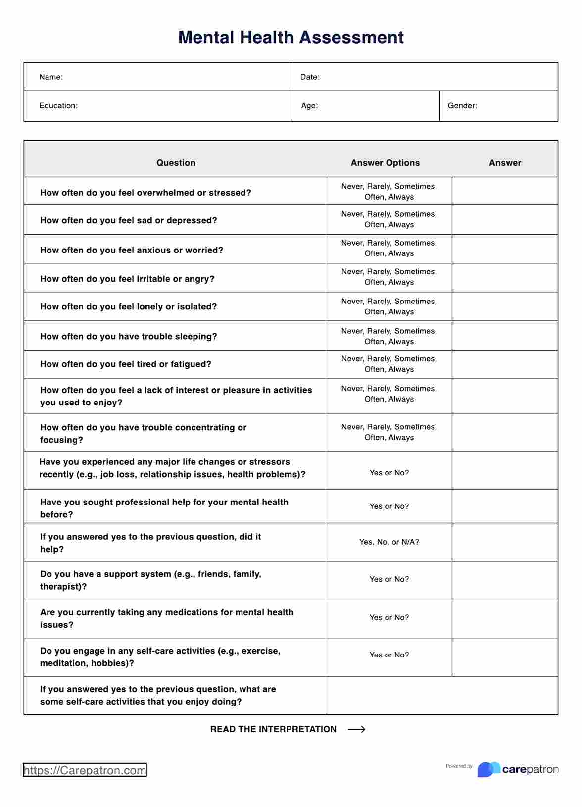 Mental Health Assessment PDF Example