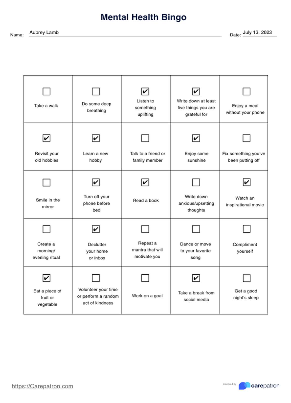 Mental Health Bingo PDF Example