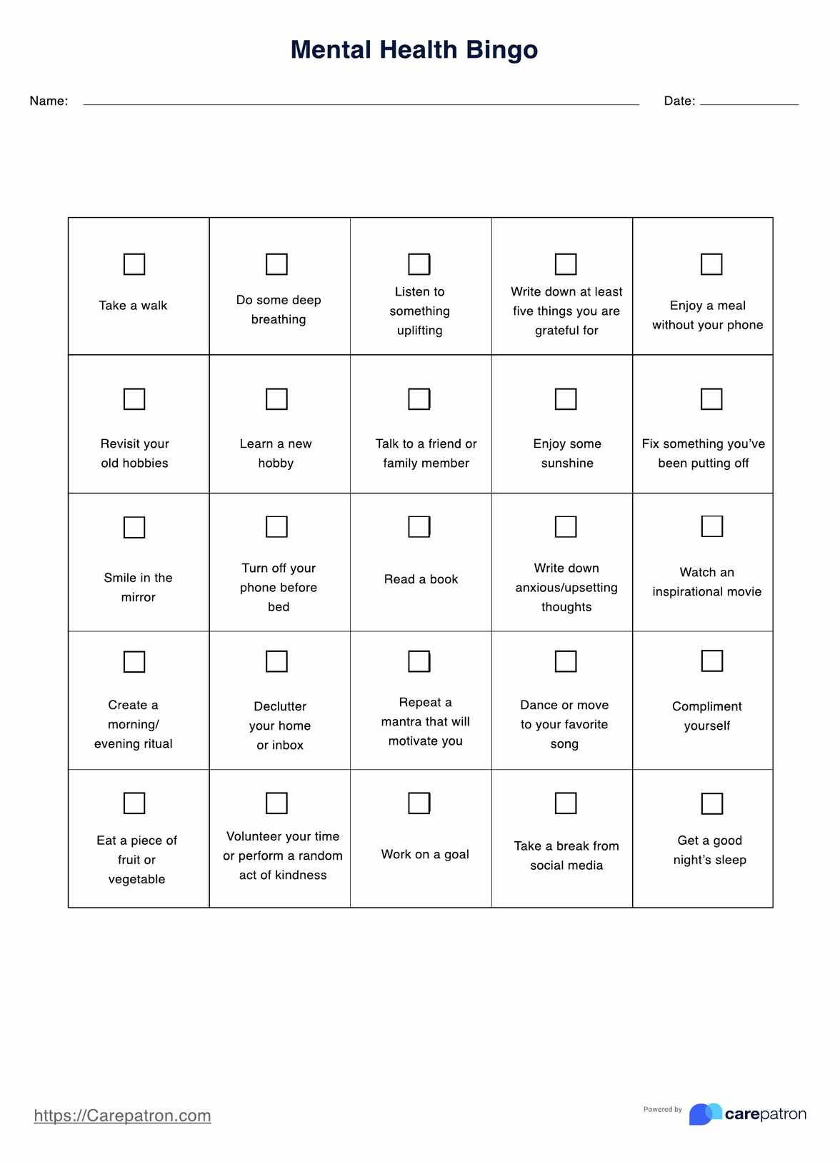 Mental Health Bingo PDF Example