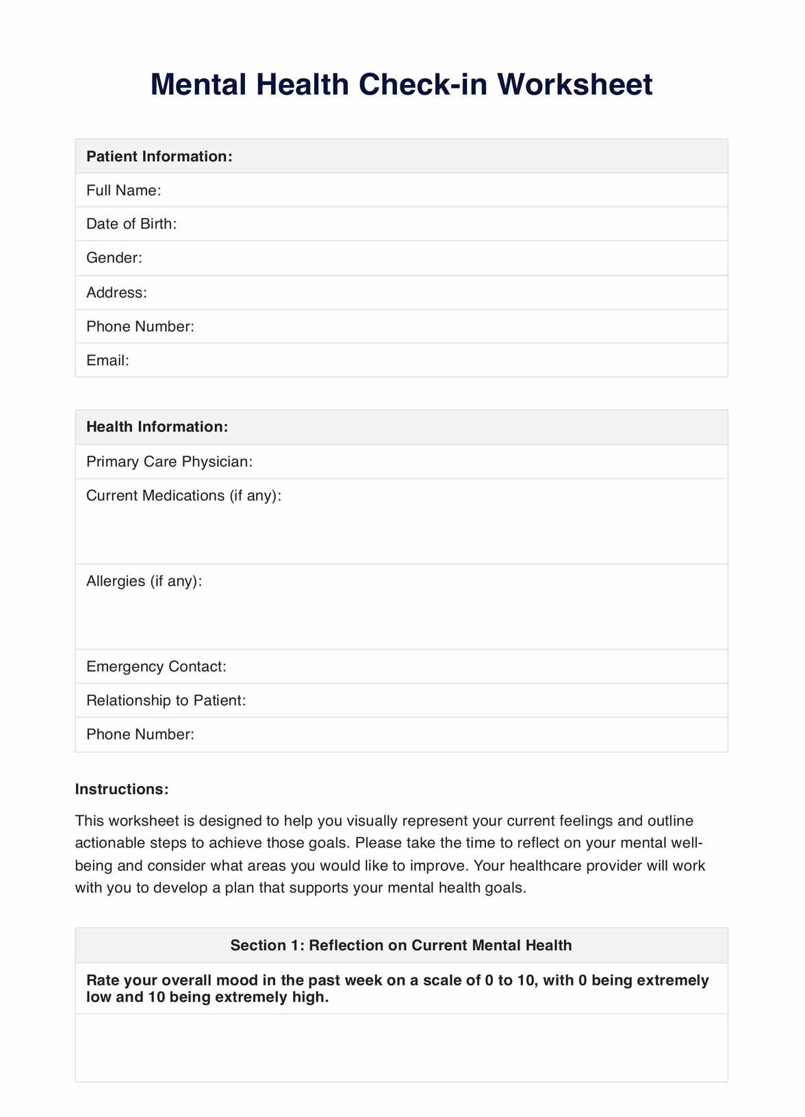 Mental Health Check-in Worksheet PDF Example