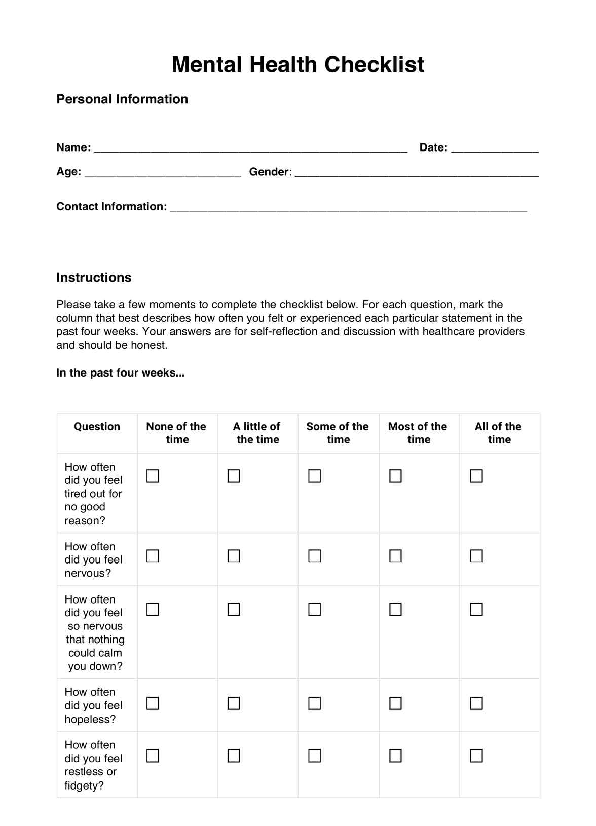 Mental Health Checklist PDF Example